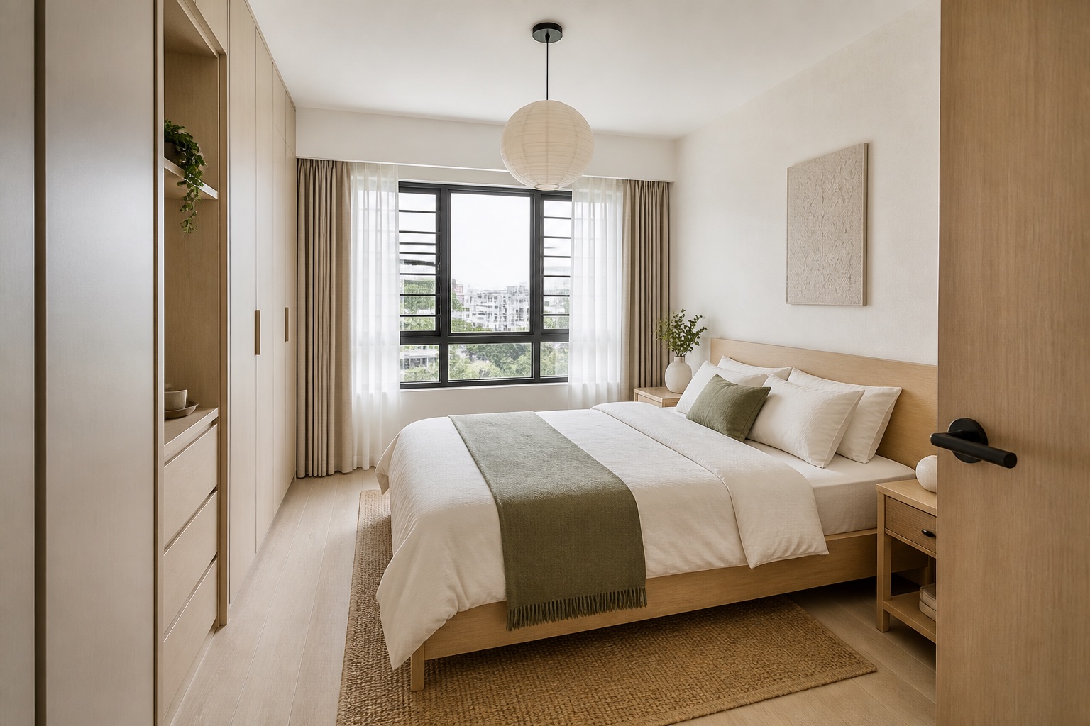 Calm Japandi compact Singapore bedroom