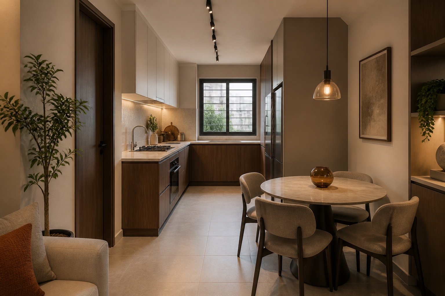 Understated modern-luxury compact kitchen and dining space