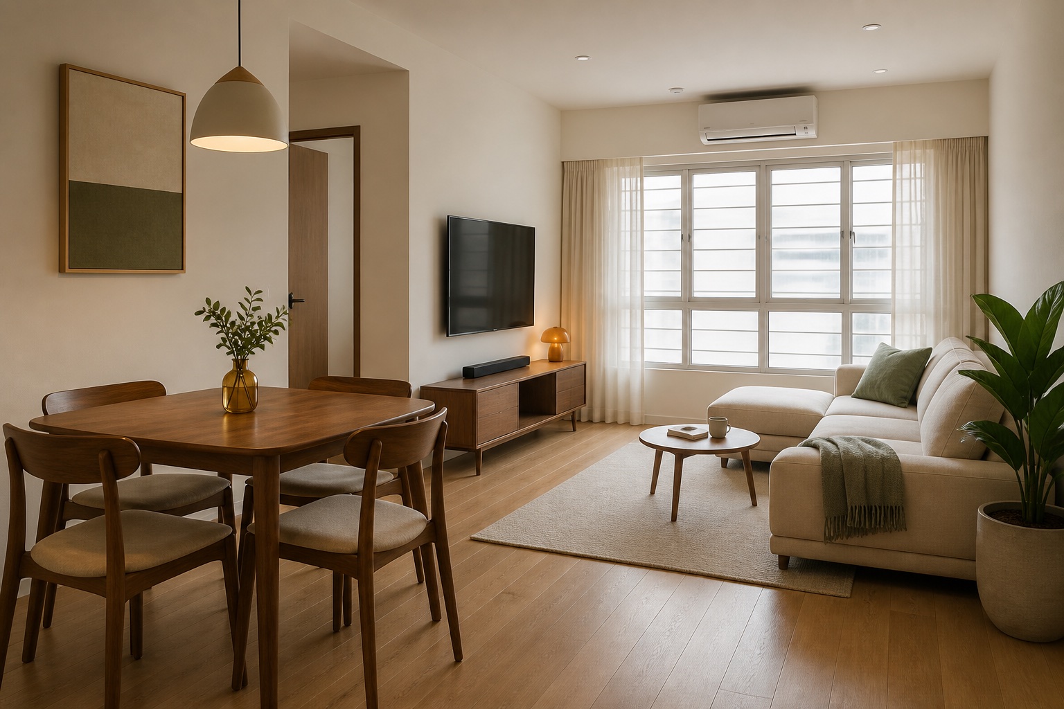 Warm contemporary compact Singapore living and dining room